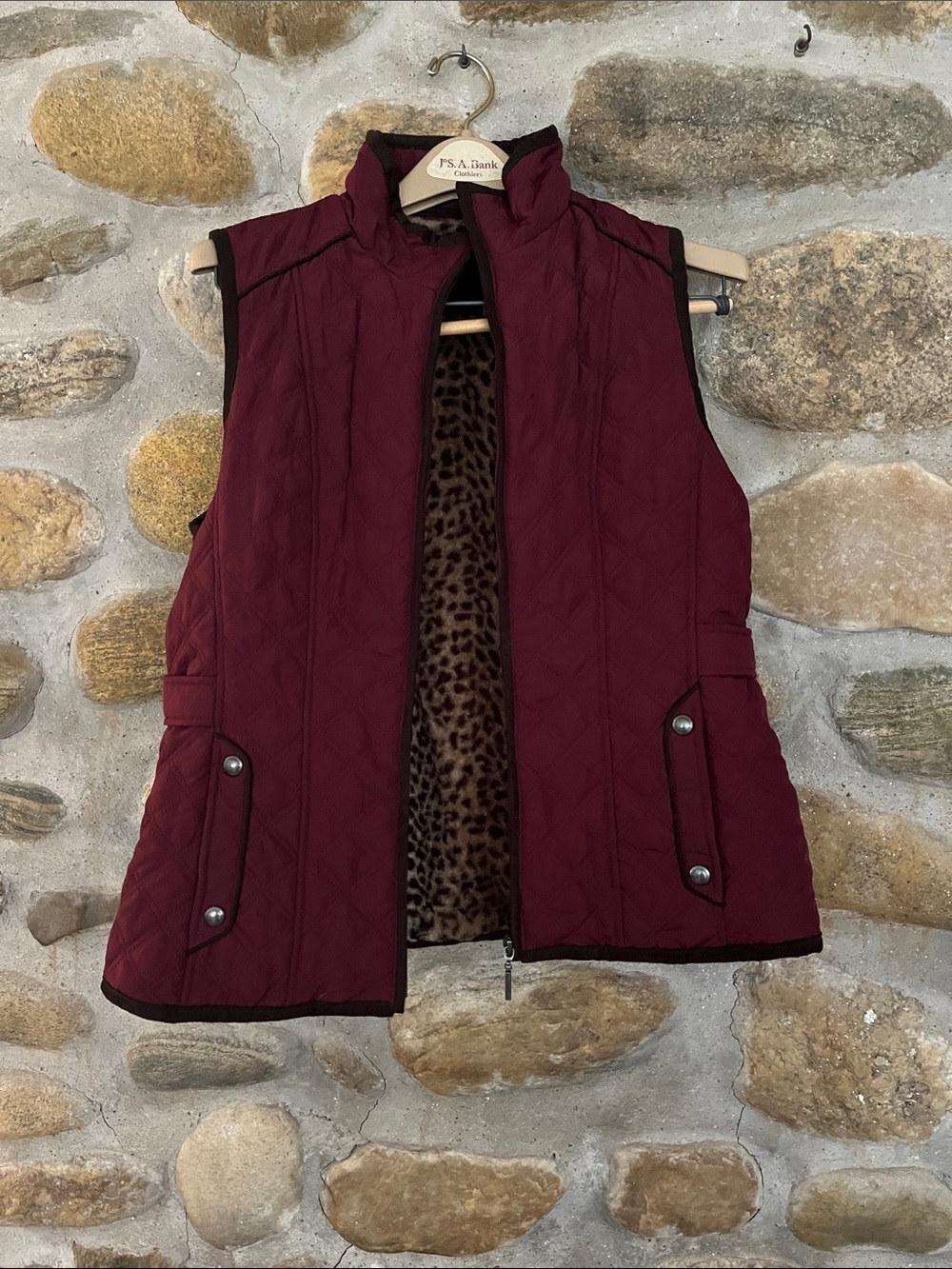 Weatherproof Quilted Burgundy Vest with Leopard Interior